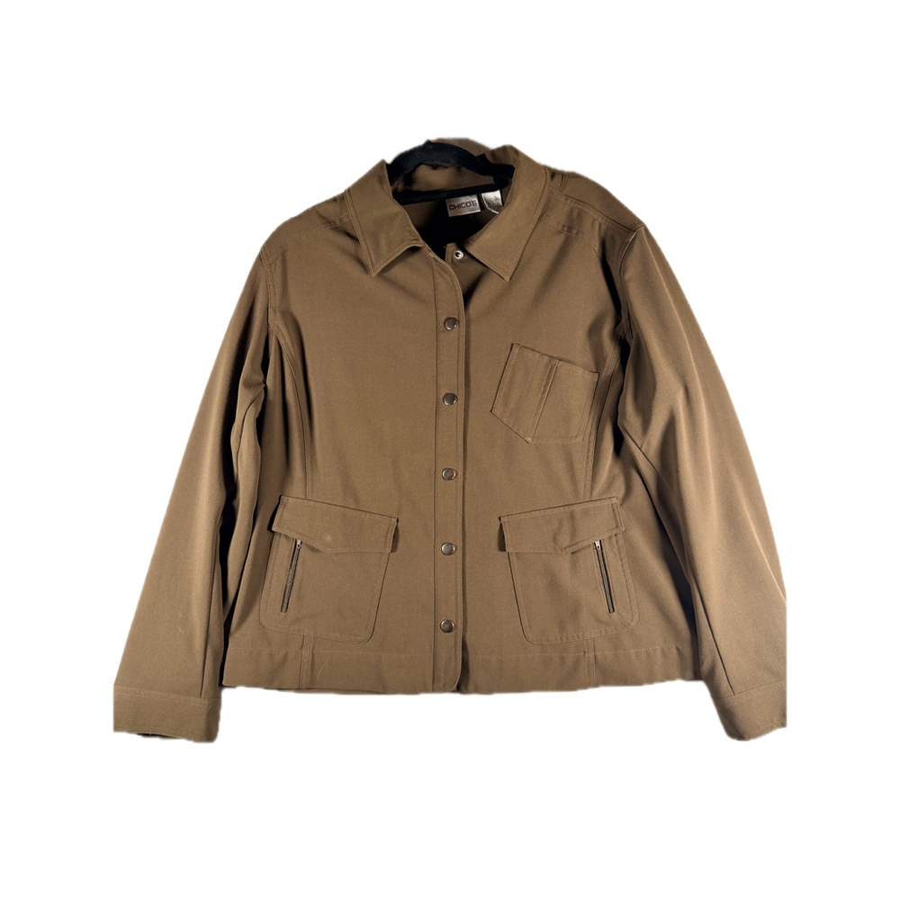 Chico’s Women’s Size 3 Brown Snap Front Utility Jacket Cargo Pockets